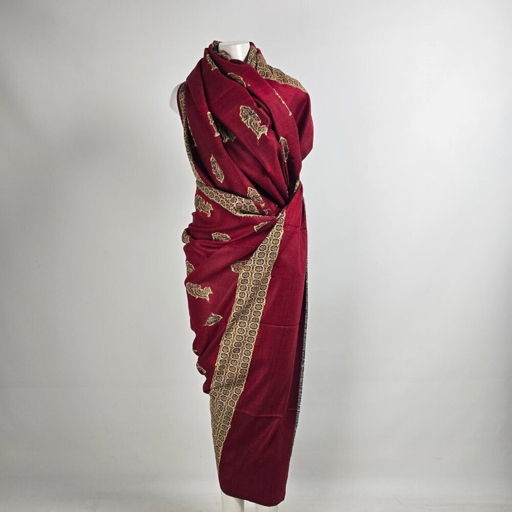 Vintage Kashmiri Embroidery Red & Gold Wrap Scarf Made In India